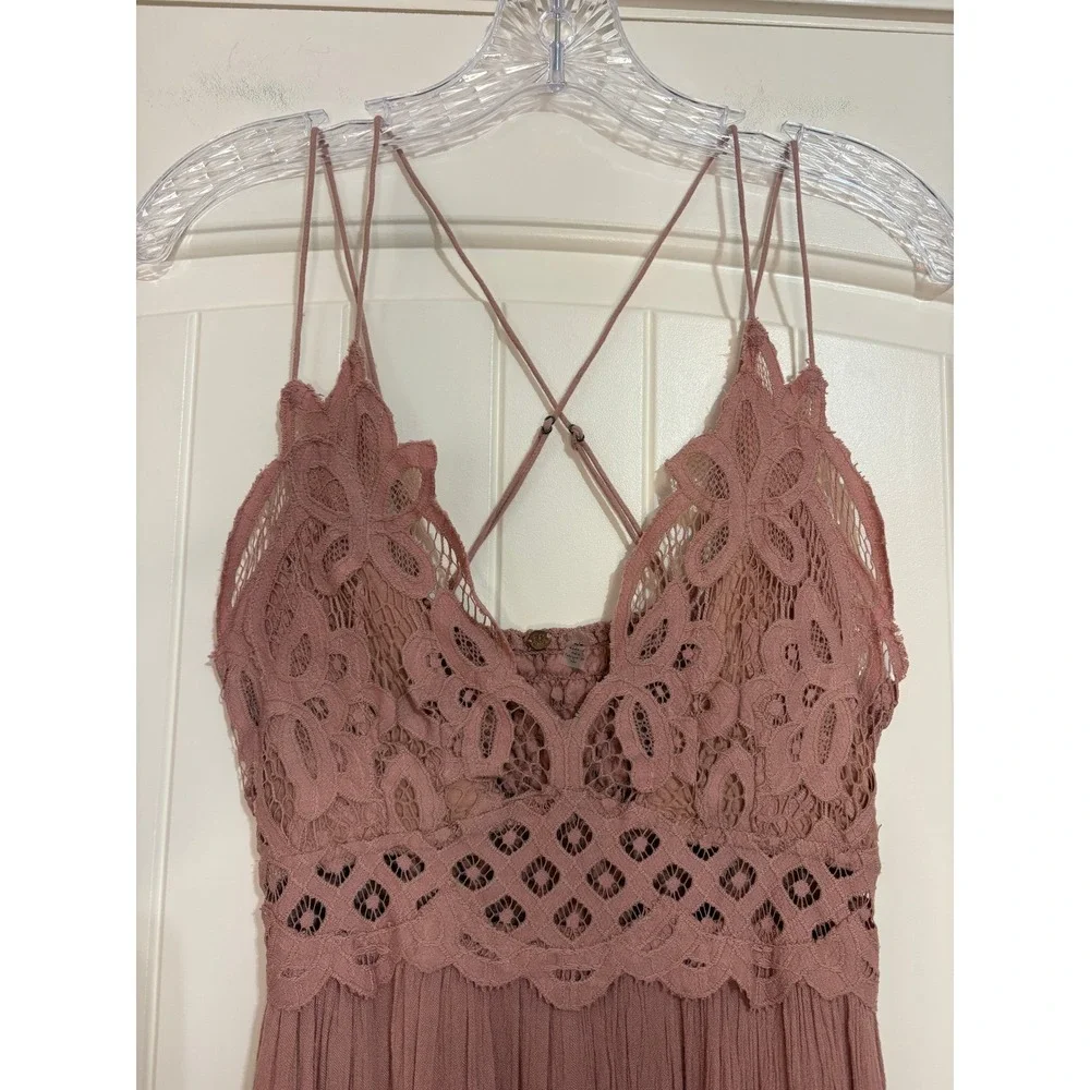 Free People Adella Maxi Dress Mauve Pink Boho Lace Crochet Ruffle Sm Coachella
